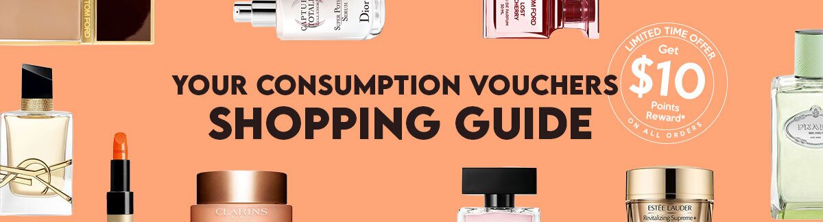 $5000 consumption voucher, buying guide, sale, skincare, makeup, fragrance, beauty, cosmetics, clarins, shiseido, lancome, clinique, christian dior, haircare, aveda, moroccanoil, tigi, elizabeth arden, diptyque, skii, jo malone, calvin klein, chloe