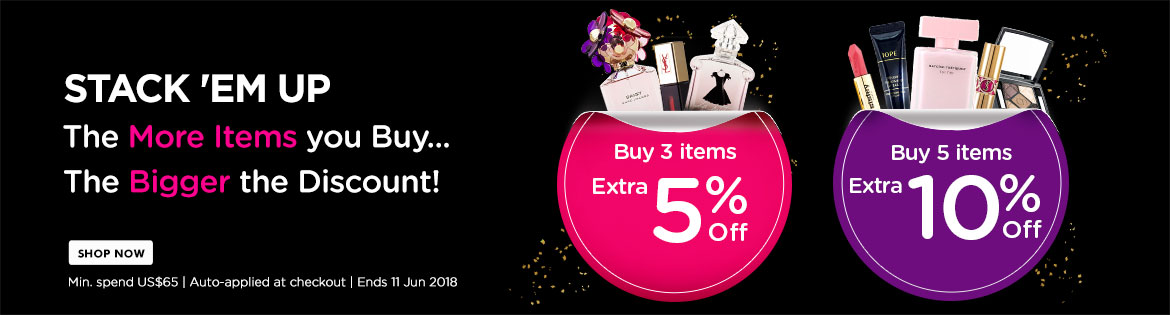 STACK 'EM UP! The More Items you Buy... The Bigger the Discount! Ends 11 Jun 2018 | Auto-applied at checkout | Min spend US$65