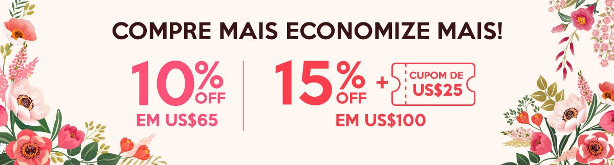 Promoção Estoque de Beleza: Compre Mais Economize Mais 10% Off em US$65, 15% Off + Cupom de US$25 em US$100!