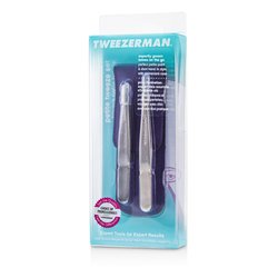 Tweezerman Petite Tweeze Set: Slant Tweezer + Point Tweezer - (With Lavendar Leather Case) 2pcs