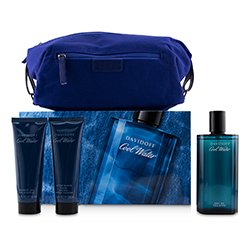 Davidoff مجموعة Cool Water: ماء تواليت سبراي 125مل/4.2 أوقية + جل دش 75مل/2.5 أوقية + بلسم بعد الحلاقة 75مل/2.5 أوقية + حقيبة حاجيات بحرية (علبة متضررة قليلاً) 3pcs+Bag