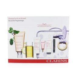 Clarins مجموعة Maternity: زيت معالج تونر احترافي لعلامات الترهل + منظف فرك للجسم + بلسم Beauty Flash + مستحضر متعدد الفعالية + مسكارا + محفظة 6pcs