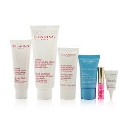 Clarins Weekend Essentials: Tratamiento de Manos & Uñas + Beauty Flash Bálsamo + Loción Corporal + Hydra-Essentiel Crema + Gel Contorno de Ojos + Aceite de Labios... 6pcs+1bag