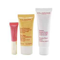 קלרינס Beautiful & Radiant Set: Beauty Flash Balm 50ml+ Gentle Exfoliating Cleanser 30ml+ Lip Perfector 5ml+ Bag 3pcs+1bag