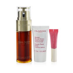 Clarins Double Serum Набор: Double Serum Сыворотка 50мл + Beauty Flash Бальзам 15мл + Бальзам для Губ #01 5мл + Сумка (Коробка Слегка Повреждена) 3pcs+1bag