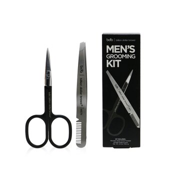 Kit Men's Grooming: Cepillo/Pinzas de Acero Inoxidable + Tijeras de Borde Recto 2pcs