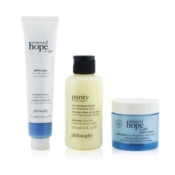 Smooth, Glowing & Hopeful 3-Pieces Set: Renewed Hope In A Jar Peeling Mousse 75ml +  One-Step Facial Cleanser 120ml + Renewed Hope In A Jar Hyaluronic Glow Moisturizer 60ml  3pcs