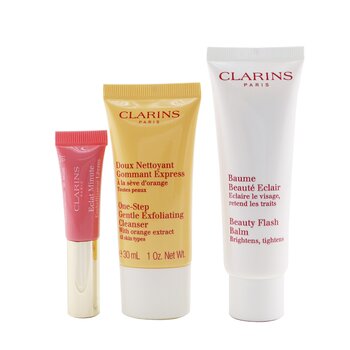 Clarins Beautiful & Radiant Set: Beauty Flash Balm 50ml+ Gentle Exfoliating Cleanser 30ml+ Lip Perfector 5ml+ Bag 3pcs+1bag