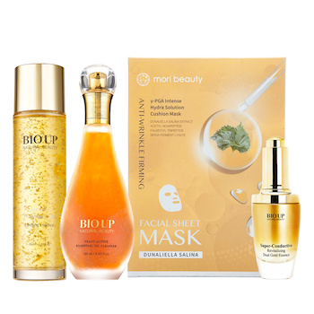 Natural Beauty 90-Day Anti-Aging Skin Care Management Set:Hydra Solution Cushion Mask (Anti-Wrinkle Firming)+Yeast Active Essential Oil Cleanser+BIOUP Super-Conductive Revitalizing Dual Gold Essence+BIOUP Entsuke Premium Gold Firming Essence 4pcs