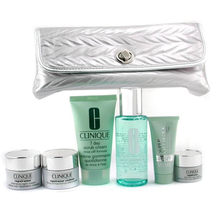 Clinique Repairwear Travel Set: Face Scrub + Lotion + Sunblock + Cream + Night Cream + Eye Cream + Bag 6pcs+1bagProduct Thumbnail