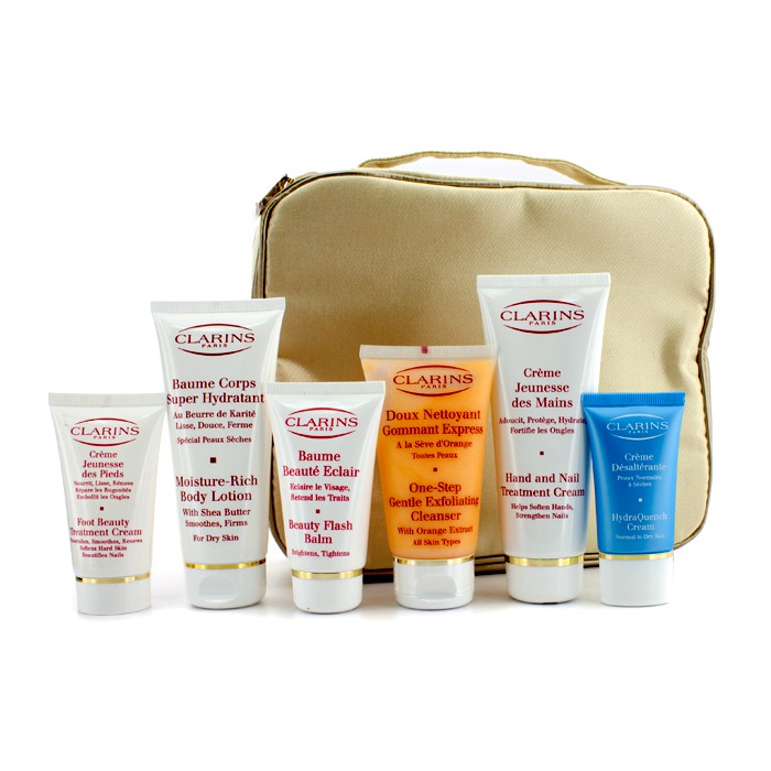 Clarins Wajah Dan Badan Khazanah: Tangan & Rawatan kuku + Kecantikan Flash Balsem + Losion Badan + + Krim Kaki + HydraQuench Krim Pembersih + Beg 6pcs+1bagProduct Thumbnail