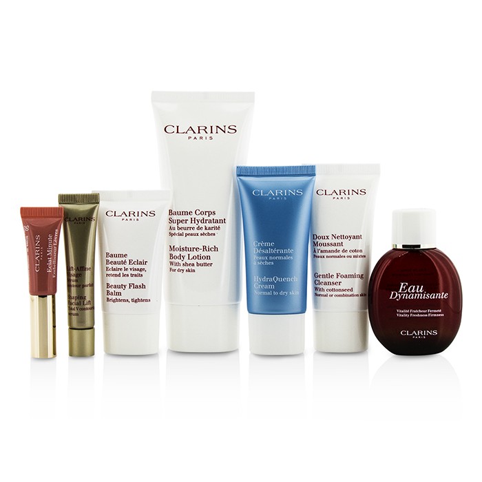 Clarins Trousse Feed Coffret: Eau Dynamisante 30ml/1oz + Cleanser 30ml/0.8oz + Balm 15ml/0.5oz + Cream 30ml/1oz + Shaping Lift 10ml/0.3oz + Lip Perfector 5ml/0.15oz + Body Lotion 100ml/3.2oz + Bag 7pcs+1bagProduct Thumbnail