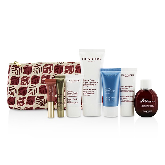 Clarins Trousse Feed Coffret: Eau Dynamisante 30ml/1oz + Cleanser 30ml/0.8oz + Balm 15ml/0.5oz + Cream 30ml/1oz + Shaping Lift 10ml/0.3oz + Lip Perfector 5ml/0.15oz + Body Lotion 100ml/3.2oz + Bag 7pcs+1bagProduct Thumbnail