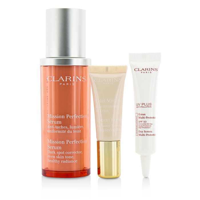 Clarins Skin-Perfecting Expert Set: Mission Perfecting Serum 30ml + UV Plus SPF 50 10ml + Instant Light Base #01 10ml + Bag 3pcs+1bagProduct Thumbnail