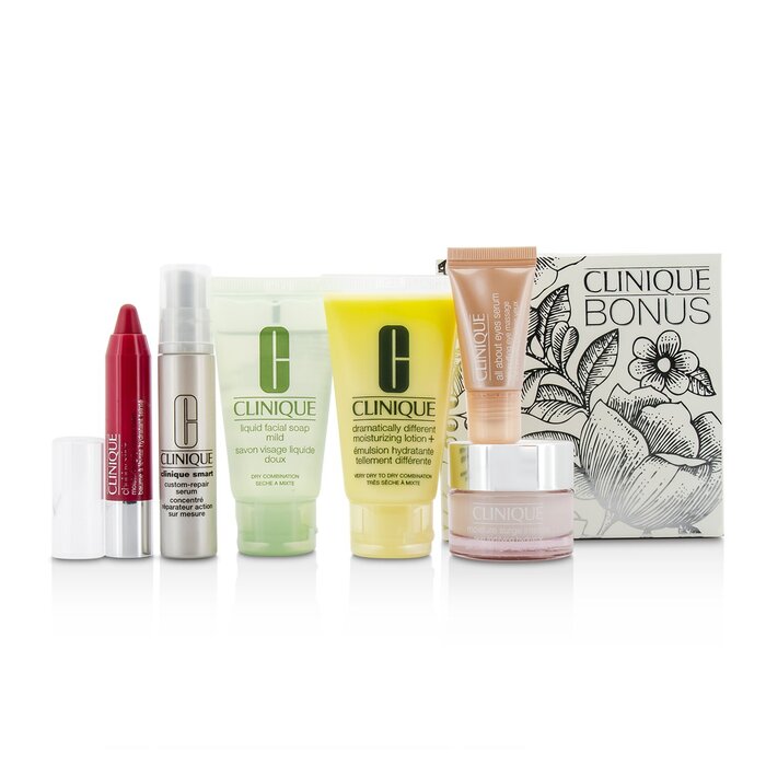 Clinique ชุดเดินทาง Travel Set:สบู่ Facial Soap 30ml + DDML+ 30ml + Moisture Surge Intense 15ml + เซรั่ม Smart Serum 10ml +เซรั่มทาตา Eye Serum 5ml + ลิปสติก Chubby Stick #05 6pcsProduct Thumbnail