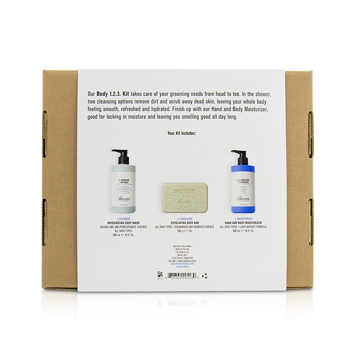 Baxter Of California Body 1.2.3 Kit: Body Wash 300ml + Hand & Body Moisturizer 300ml + Body Bar 198g 3pcsProduct Thumbnail