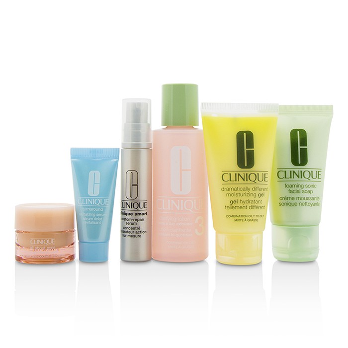Clinique Travel Set: Facial Soap 30ml+Lotion 3 60ml+DDMG 30ml+Smart Serum 10ml+Turnaround Serum 7ml+All About Eyes 7ml+Bag 6pcs+1bagProduct Thumbnail