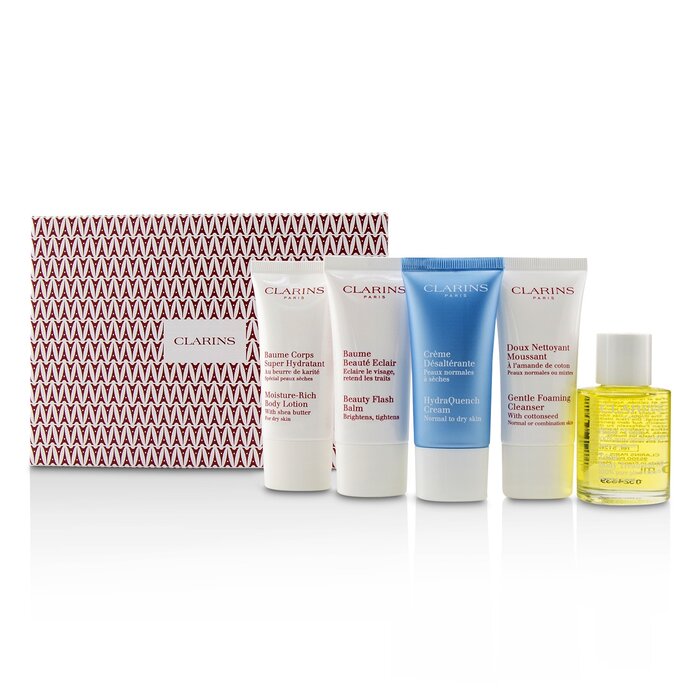 Clarins French Beauty Box: 1x Cleanser 30ml, 1x HydraQuench Cream 30ml, 1x Beauty Flash Balm 30ml, 1x Body Treatment Oil, 1x B/L 5pcsProduct Thumbnail