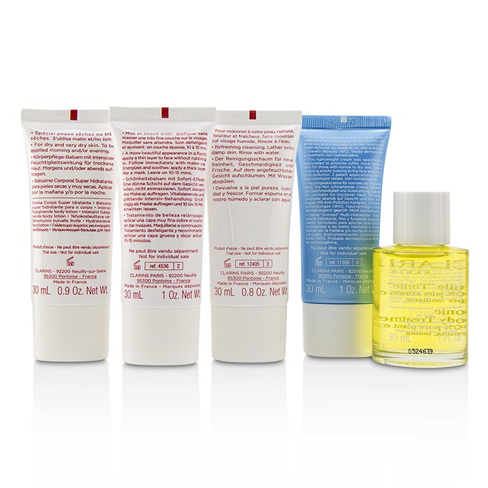 Clarins French Beauty Box: 1x Cleanser 30ml, 1x HydraQuench Cream 30ml, 1x Beauty Flash Balm 30ml, 1x Body Treatment Oil, 1x B/L 5pcsProduct Thumbnail
