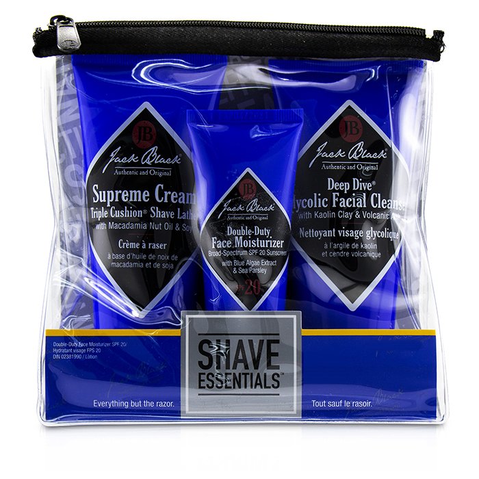 Jack Black Shave Essentials Kit: Deep Dive Glycolic Facial Cleanser + Supreme Cream Triple Cushion Shave Lather + Double Duty Face Moisturizer SPF20 3pcs+1BagProduct Thumbnail