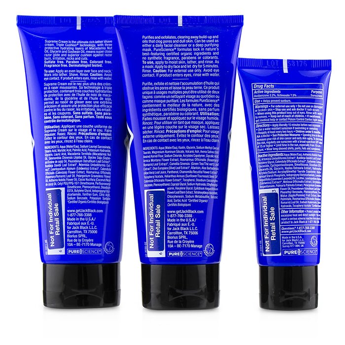 Jack Black Shave Essentials Kit: Deep Dive Glycolic Facial Cleanser + Supreme Cream Triple Cushion Shave Lather + Double Duty Face Moisturizer SPF20 3pcs+1BagProduct Thumbnail