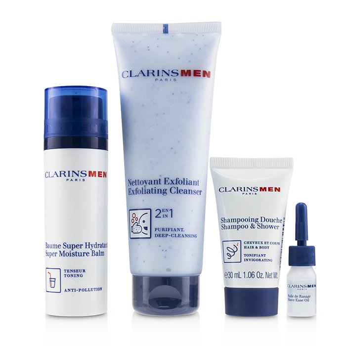 Clarins Men Everyday Heroes Set: 1x Exfoliating Cleanser 125ml + 1x Super Moisture Balm 50ml + Shampoo & Shower 30ml + Shave Ease 3ml 4pcsProduct Thumbnail