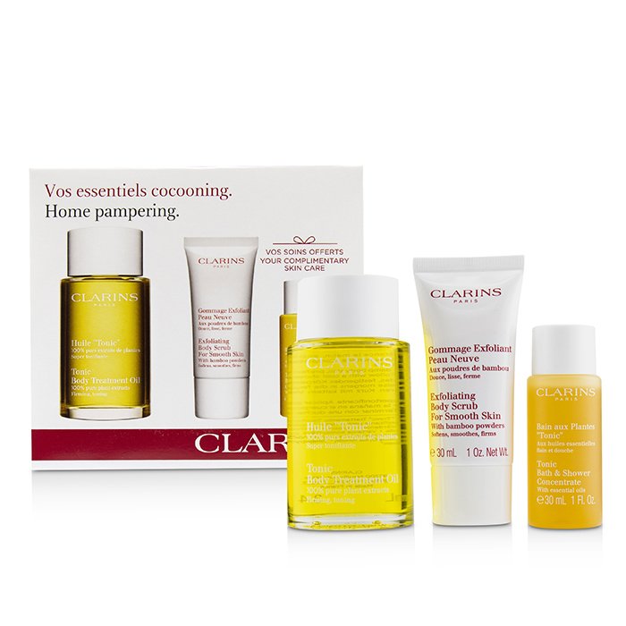 Clarins Набор для Домашнего Ухода: Тонизирующее Масло для Тела 100мл + Отшелушивающий Скраб для Тела 30мл + Концентрат для Душа и Ванн 30мл 3pcsProduct Thumbnail