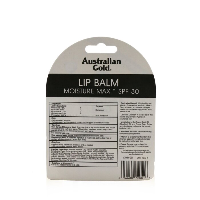Australian Gold Lip Balm Moisture Max SPF 30 Infused with Coconut Oil
