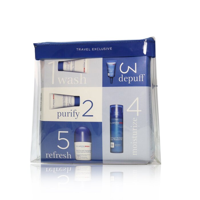 Clarins Kit de Viaje Exclusivo Men Grooming Essentials For Men: Gel Hidratante 50ml + Jabón Facial 30ml + Suero de Ojos 3ml + Antitranspirante en Roll-On 50ml + Champú & Ducha 30ml 5pcs+1bagProduct Thumbnail
