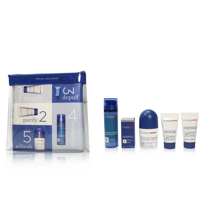 Clarins Kit de Viaje Exclusivo Men Grooming Essentials For Men: Gel Hidratante 50ml + Jabón Facial 30ml + Suero de Ojos 3ml + Antitranspirante en Roll-On 50ml + Champú & Ducha 30ml 5pcs+1bagProduct Thumbnail