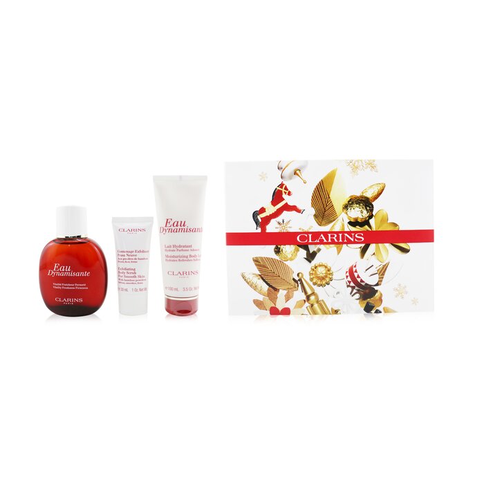 Clarins Eau Dynamisante Coffret: Fragrance Spray 100ml/3.3oz + Moisturizing Body Lotion 100ml/3.5oz + Exfoliating Body Scrub For Smooth Skin 30ml/1oz + Pouch 3pcs+PouchProduct Thumbnail