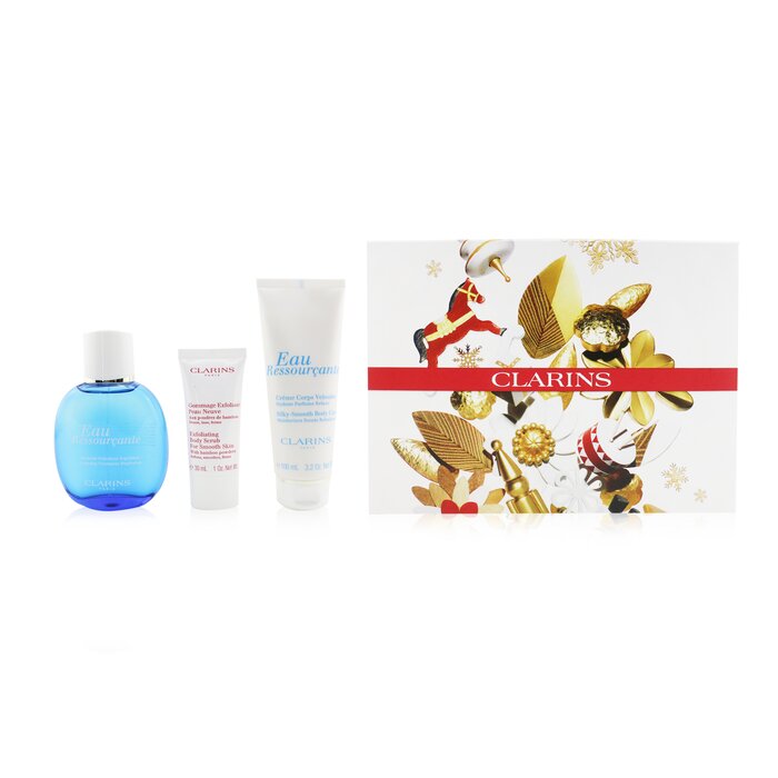 Clarins Eau Ressourcante Coffret: Fragrance Spray 100ml/3.3oz + Silky-Smooth Body Cream 100ml/3.2oz + Exfoliating Body Scrub For Smooth Skin 30ml/1oz + Pouch 3pcs+PouchProduct Thumbnail