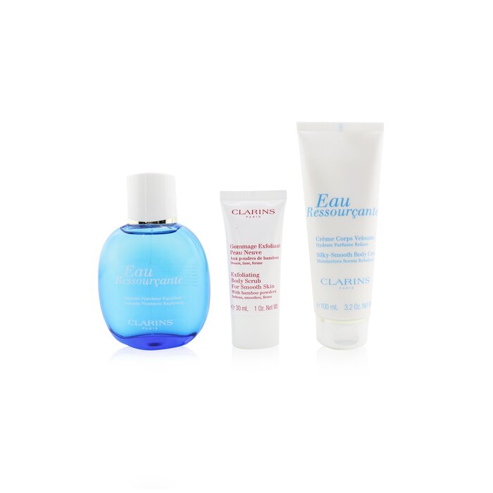 Clarins Eau Ressourcante Coffret: Fragrance Spray 100ml/3.3oz + Silky-Smooth Body Cream 100ml/3.2oz + Exfoliating Body Scrub For Smooth Skin 30ml/1oz + Pouch 3pcs+PouchProduct Thumbnail
