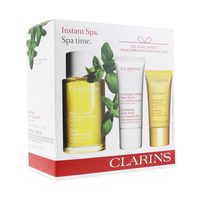 Clarins Set SPA At Home: Aceite Tratamiento Corporal Tónico 100ml + Exfoliante Corporal 30ml + SOS Comfort Mascarilla 15ml 3pcsProduct Thumbnail