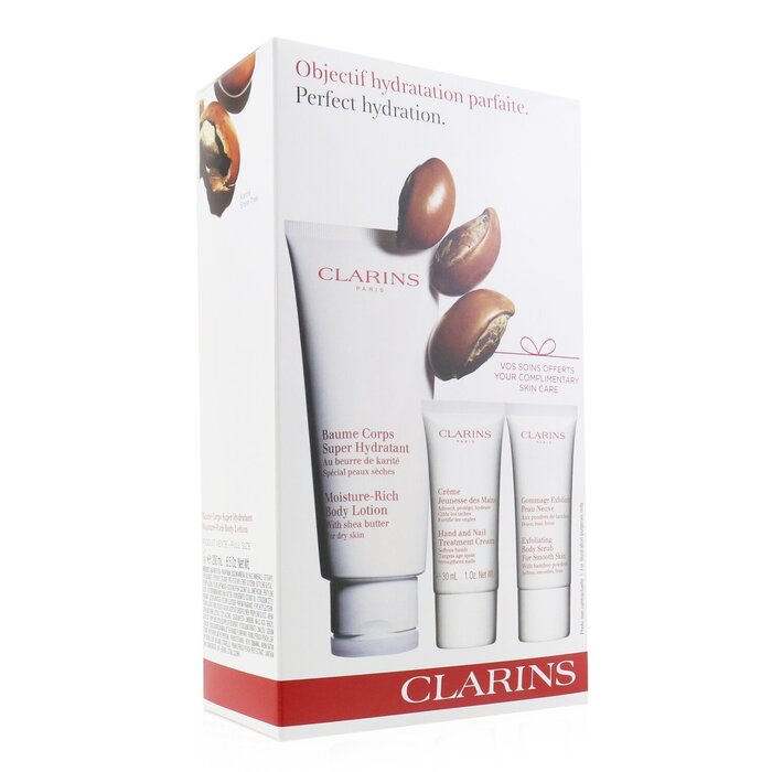 Clarins Perfect Hydration Body Set: Moisture-Rich Body Lotion 200ml+ Hand & Nail Treatment 30ml+ Body Scrub 30ml 3pcsProduct Thumbnail