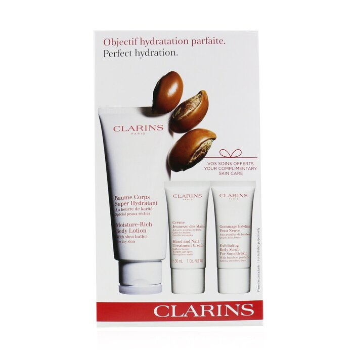 Clarins Perfect Hydration Body Set: Moisture-Rich Body Lotion 200ml+ Hand & Nail Treatment 30ml+ Body Scrub 30ml 3pcsProduct Thumbnail
