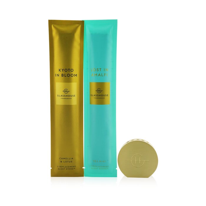 Glasshouse Scent Scene Duo Coffret: Bespoke Metal Vessel + Lost In Amalfi (Sea Mist) Scent Stems + Kyoto In Bloom (Camellia & Lotus) Scent Stems 3pcsProduct Thumbnail