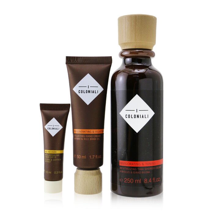 I Coloniali The Potion Of Energy Set: 1x Invigorating & Toning - Revitalizing Thai Shower Cream - 250ml/8.4oz + 1x Regenerating & Velveting - Velveting Hand Cream - 50ml/1.7oz + 1x Age Recover - Replumping Day Cream SPF 15 - 10ml/0.3oz 3pcsProduct Thumbnail