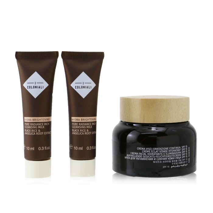 I Coloniali Empowered Beauty Remedies Travel Set With Bag: 1x Hydra Brightening - Long Lasting Moisture Cream SPF 15 - 50ml/1.7oz + 2x Hydra Brightening - Pure Radiance Rich Cleansing Milk - 10ml/0.3oz + 1x bag - סט נסיעות 3pcs+1bagProduct Thumbnail