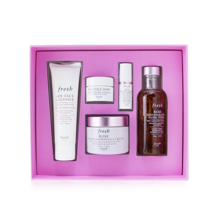Fresh Rose Deep Hydration Ritual Set: 1x Soy Face Cleanser - 50ml/1.6oz + 1x Rose Deep Hydration Face Cream 50ml/1.6oz + 1x Rose Deep Hydration Facial Toner - 100ml/3.3oz + 1x Rose deep Hydration Face Serum - 5ml/0.17oz + 1x Rose Face Mask - 15ml/0.5oz 5pcsProduct Thumbnail