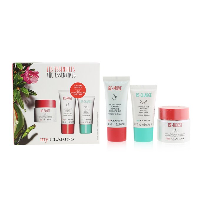 Clarins My Clarins The Essentials Set: Re-Boost Hydrating Cream 50ml+ Re-Move Cleansing Gel 30ml+ Re-Charge Sleep Mask 15ml - סט מוצרי החובה של קלרינס 3pcsProduct Thumbnail