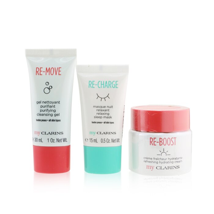 Clarins My Clarins The Essentials Set: Re-Boost Hydrating Cream 50ml+ Re-Move Cleansing Gel 30ml+ Re-Charge Sleep Mask 15ml - סט מוצרי החובה של קלרינס 3pcsProduct Thumbnail