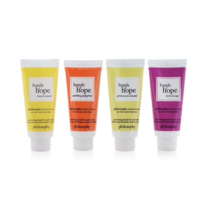 Philosophy Hope For All Nurturing Hand & Nail Cream 4-Pieces Set: Lemon Custard 30ml + Sparkling Grapefruit 30ml + Green Tea & Avocado 30ml + Berry & Sage 30ml (Box Slightly Damaged) 4x30ml/1ozProduct Thumbnail