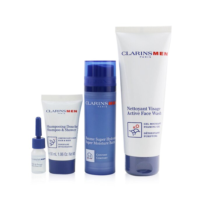 Clarins Men Essentials 4-Pieces Set: Super Moisture Balm 50ml + Active Face Wash 125ml + Shampoo & Shower 30ml + Shave Ease Oil 3ml 4pcsProduct Thumbnail