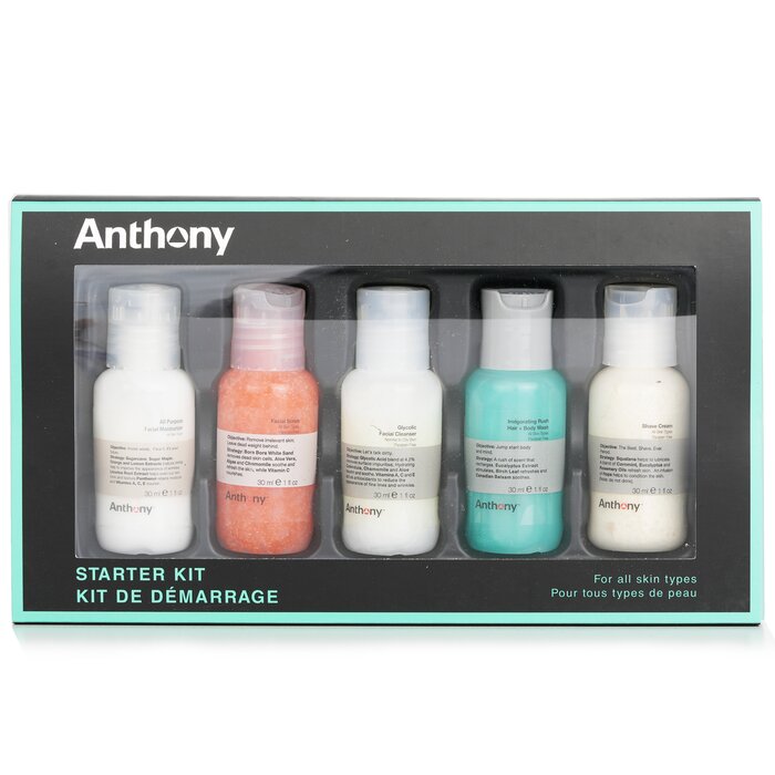 Anthony Starter Kit 5-Pieces Kit (For All Skin Types): Cleanser 30ml + Scrub 30ml + Moisturizer 30ml + Hair & Body Wash 30ml +  Shave Cream 30ml 5x30ml/1ozProduct Thumbnail