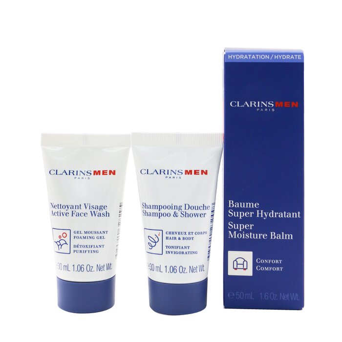 Clarins Men Hydration Essentials Set: Super Moisture Balm 50ml + Active Face Wash 30ml + Shampoo & Shower 30ml 3pcsProduct Thumbnail
