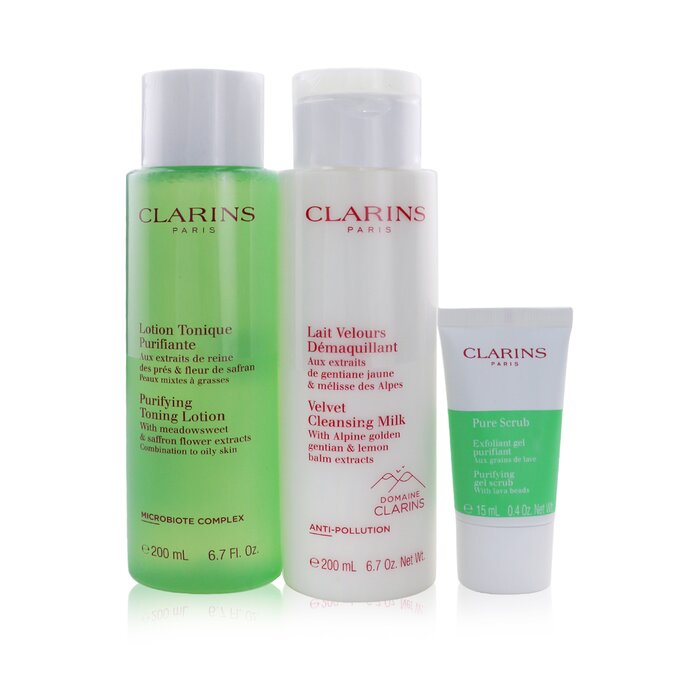 Clarins Perfect Cleansing Set (Combination to Oily Skin): Cleansing Milk 200ml+ Toning Lotion 200ml+ Pure Scrub 15ml+ Bag  3pcs+1bagProduct Thumbnail