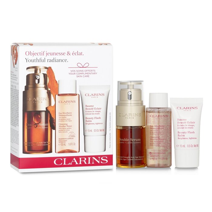 Clarins Youthful Radiance Set: Double Serum 30ml+ Cleansing Micellar Water 50ml+ Beauty Flash Balm 15ml  3pcsProduct Thumbnail