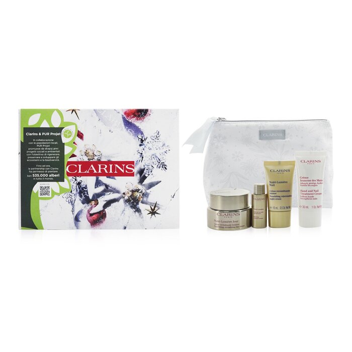 Clarins Nutri-Lumiere Collection: Day Cream 50ml+ Night Cream 15ml+ Treatment Essence 10ml+ Hand & Nail Treatment Cream 30ml+ Bag  4pcs+1bagProduct Thumbnail