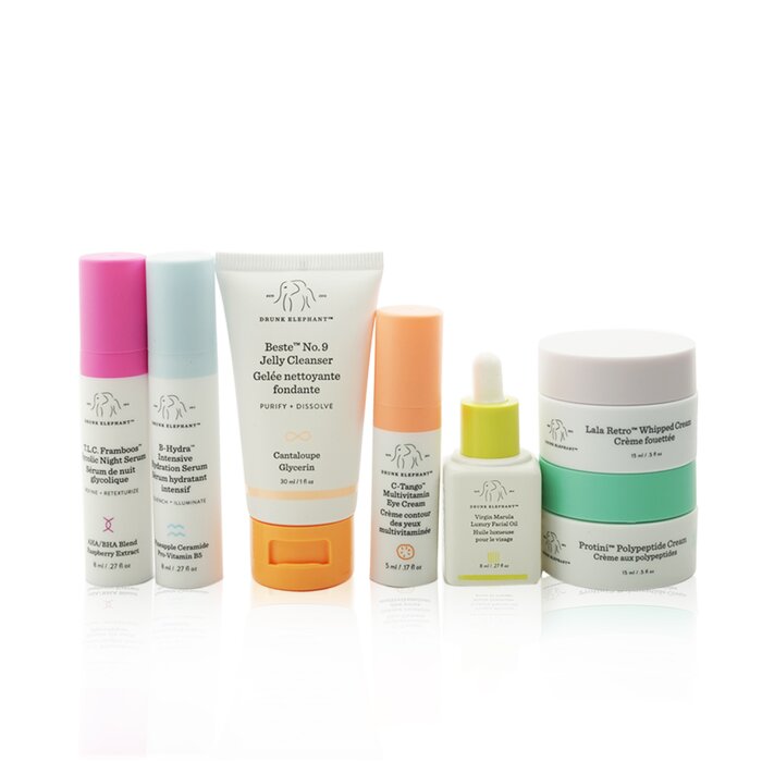Drunk Elephant The Littles 4.0 Set: Beste No. 9+ Virgin Marula+ B-Hydra+ T.L.C Framboos+ C-Tango+ Lala Retro+ Protini+ Bag 7pcs+1bagProduct Thumbnail